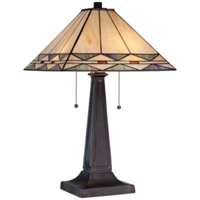 Art Deco Accent Table Lamp 21.5" High Mission Bronze Stained Glass Shade for Living Room Family Bedroom Bedside Office