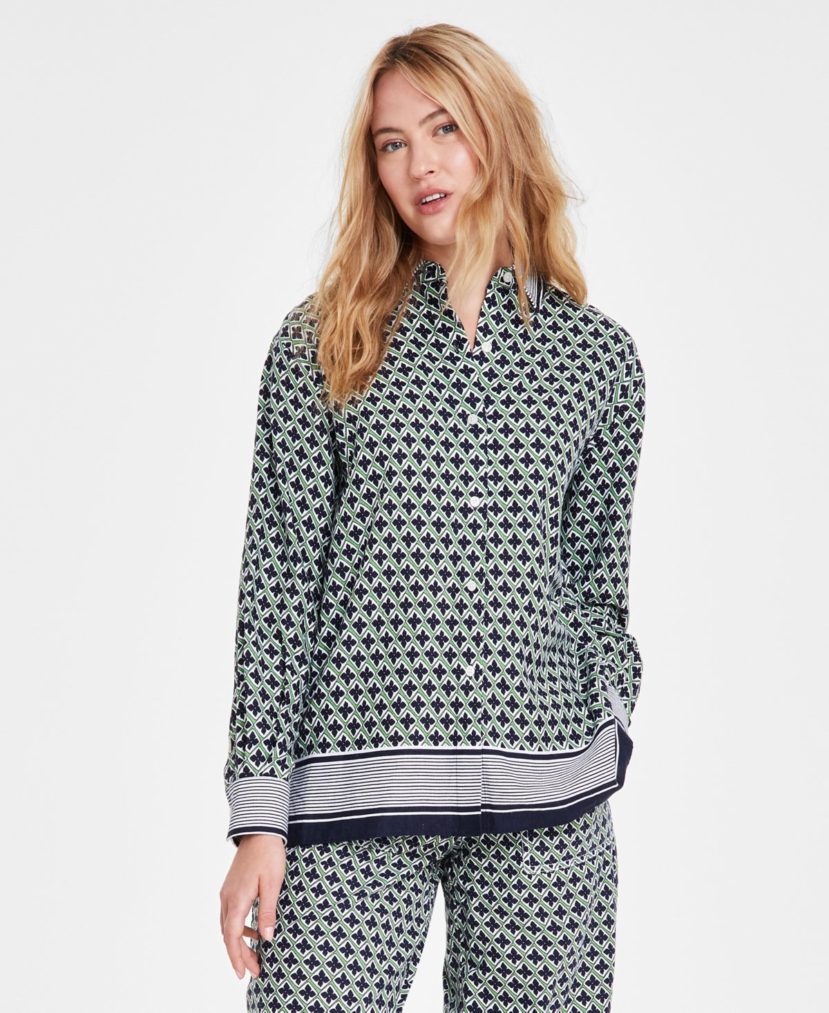 Women's Printed Button-Down Linen Tunic Top - Sltd Lime