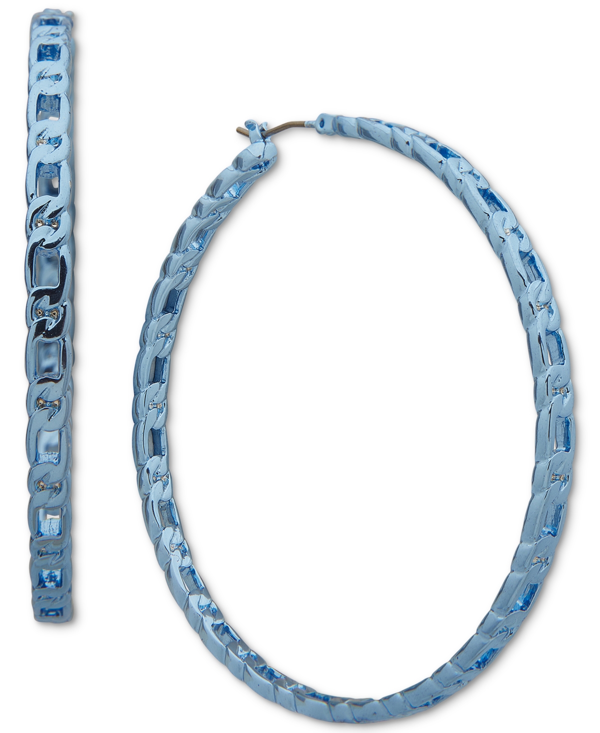 Blue-Tone Large Chain Link Hoop Earrings, 2.2" - Blue