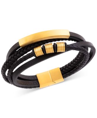 Men's Multirow Black Fiber Bracelet in Gold-Tone Ion-Plated Stainless Steel
