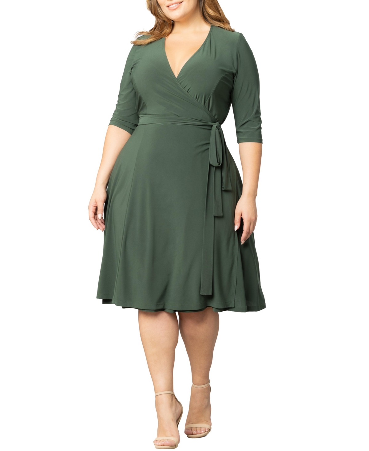 Plus Size Essential Wrap Dress with 3/4 Sleeves - Olive green