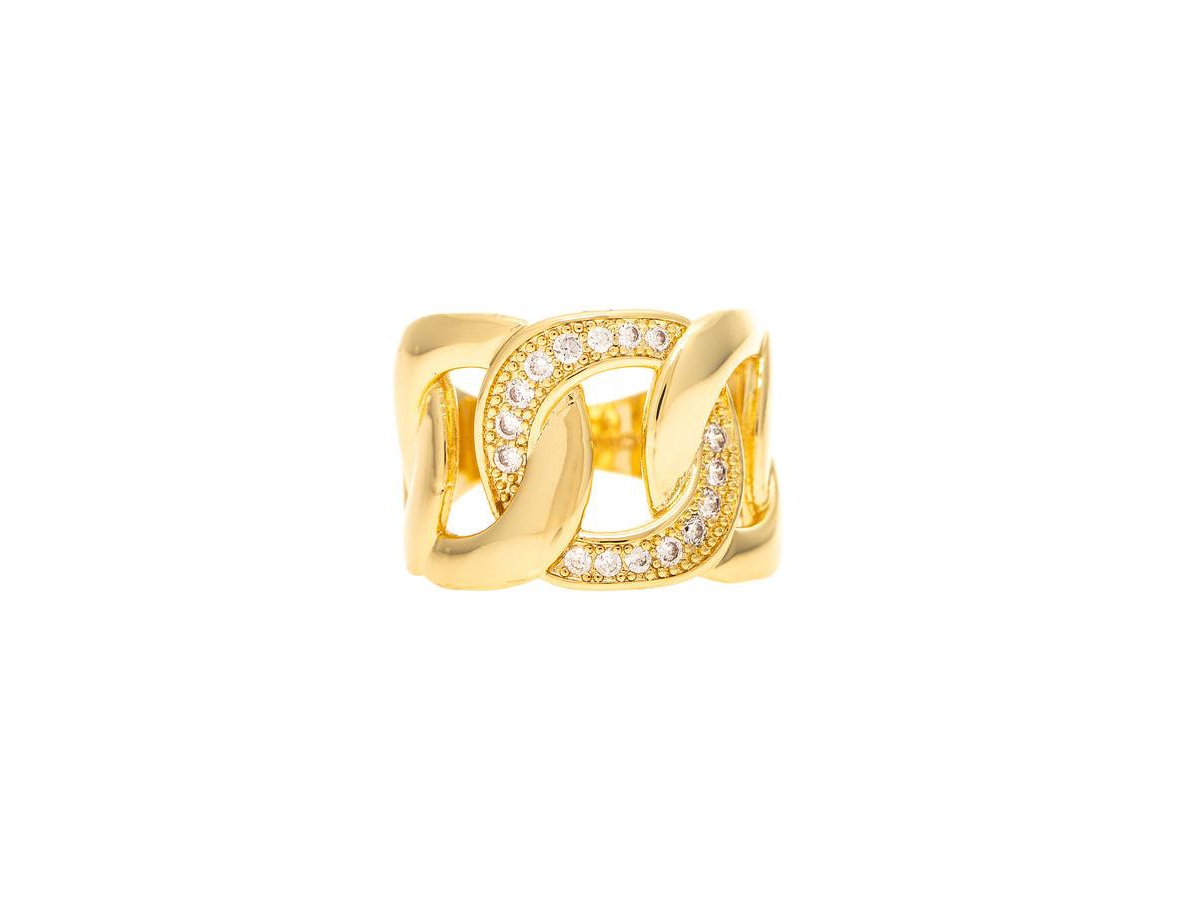 Curb Link Band Ring with Cz Accent - Gold with clear cz