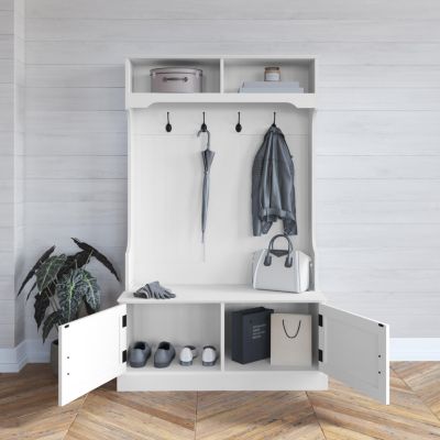 Hall Tree With Double Door Entryway Storage Bench, 4 Hook Coat Rack, Top Storage Cubbies