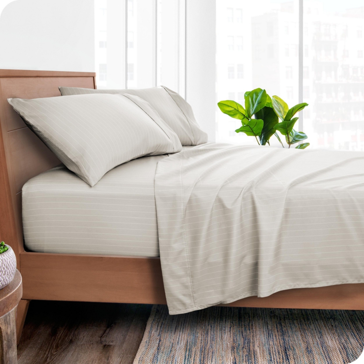 Bare Home Ultra-Soft Double Brushed Print Sheet Set - Pinstripe x2013; stone/white
