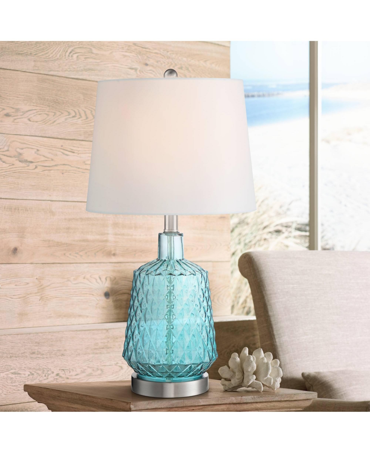 360 Lighting Ronald Modern Coastal Accent Table Lamp 22" High Blue Textured Glass Nickel Pole White Fabric Drum S