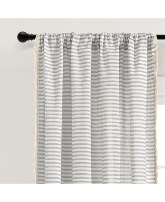Boho Coastal Horizontal Ticking Stripe Tassel Window Curtain Panels
