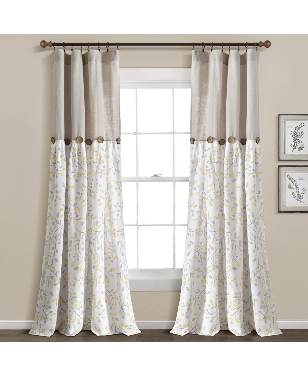 Lush Decor Linen Button Botanical Garden Window Curtain Panels In Gray