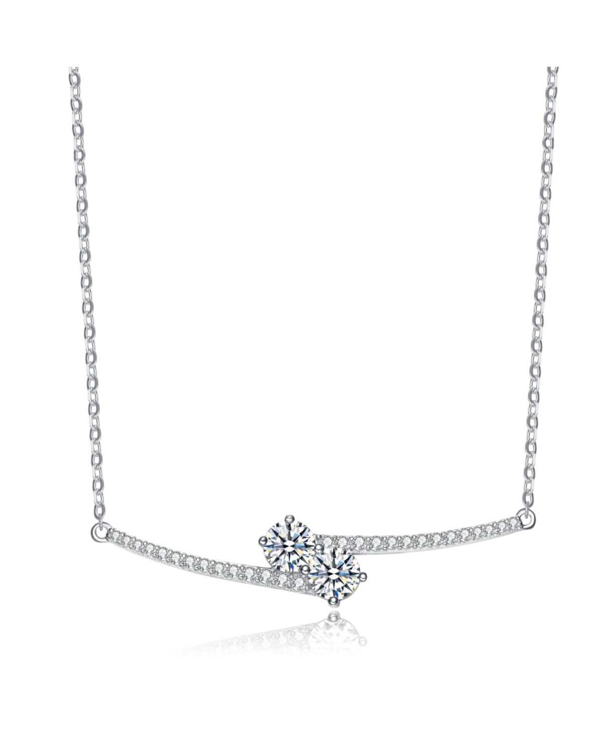 Sterling Silver Two Rods with Clear Cubic Zirconia Necklace - Pink