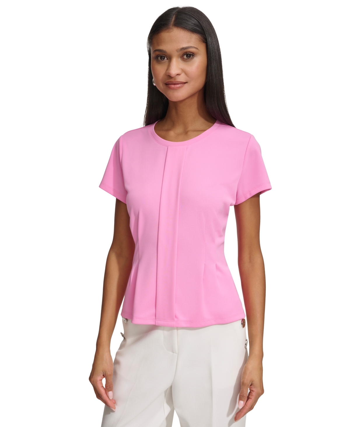 Shop Karl Lagerfeld Short Sleeve Pleat Front Knit Top In Cyclamen Pink