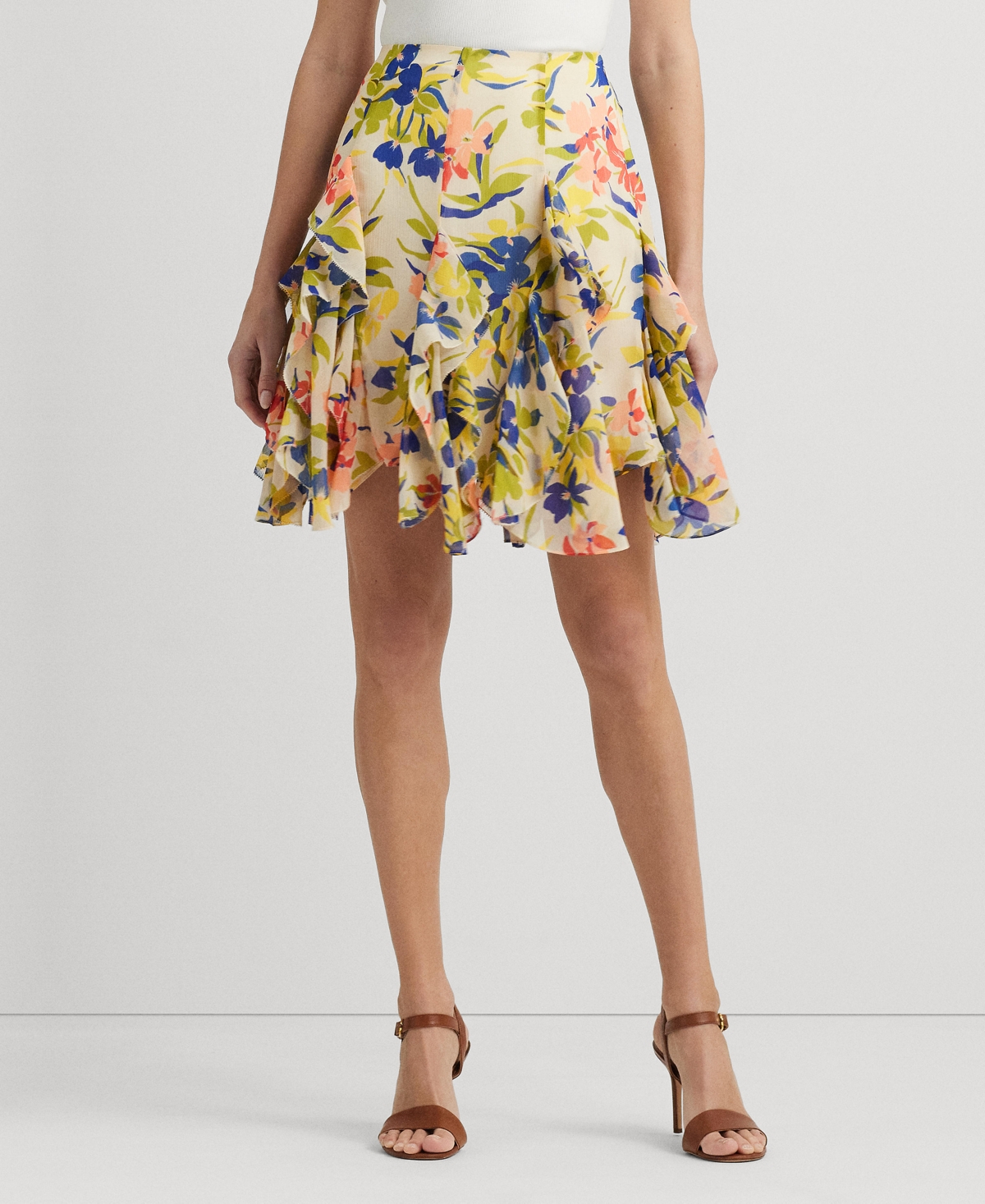 Women's Ruffled Floral Miniskirt - Cream Multi