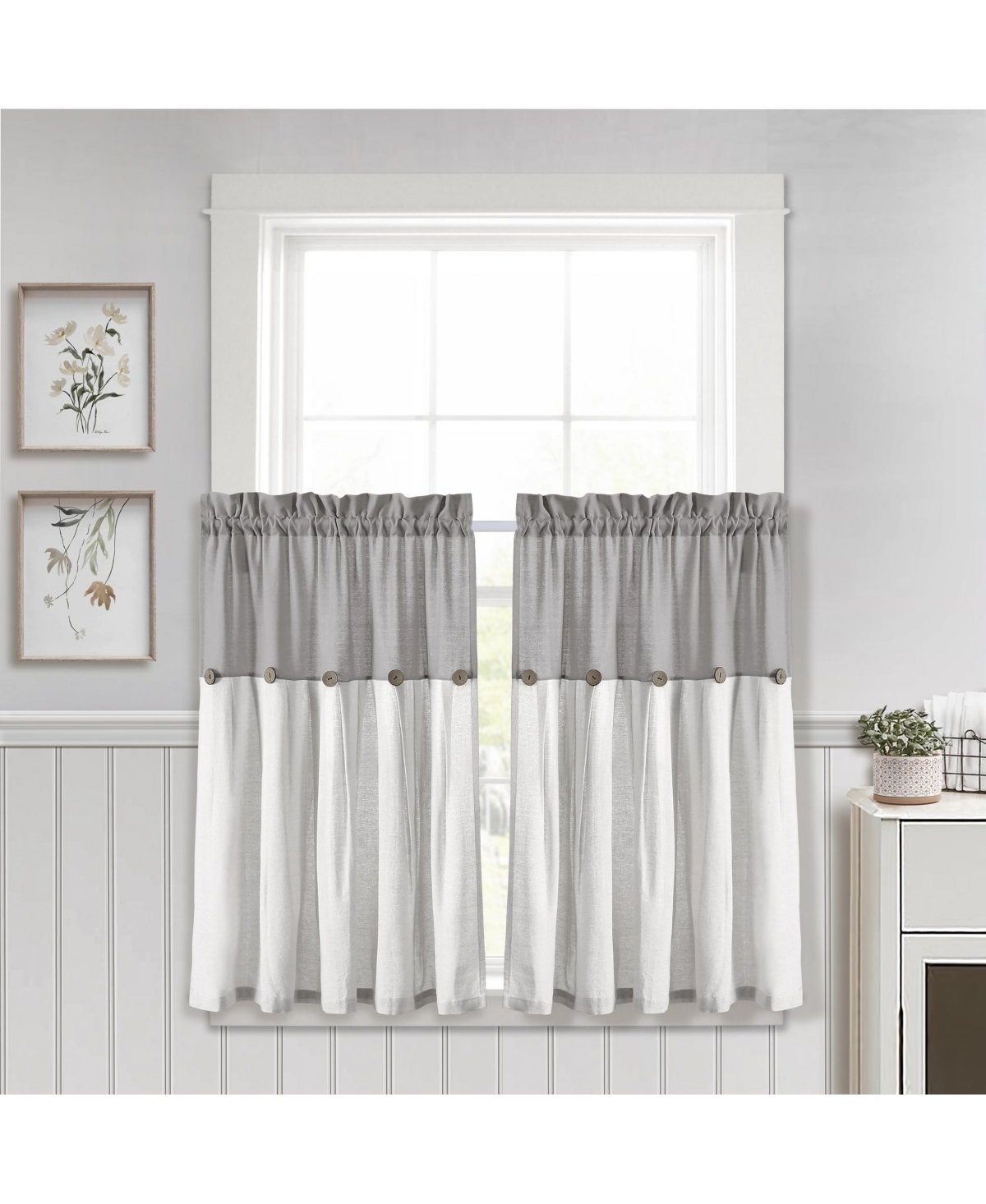 Lush Decor Linen Button Farmhouse Kitchen Tier Curtain Set, Pair - Rustic Home Decor