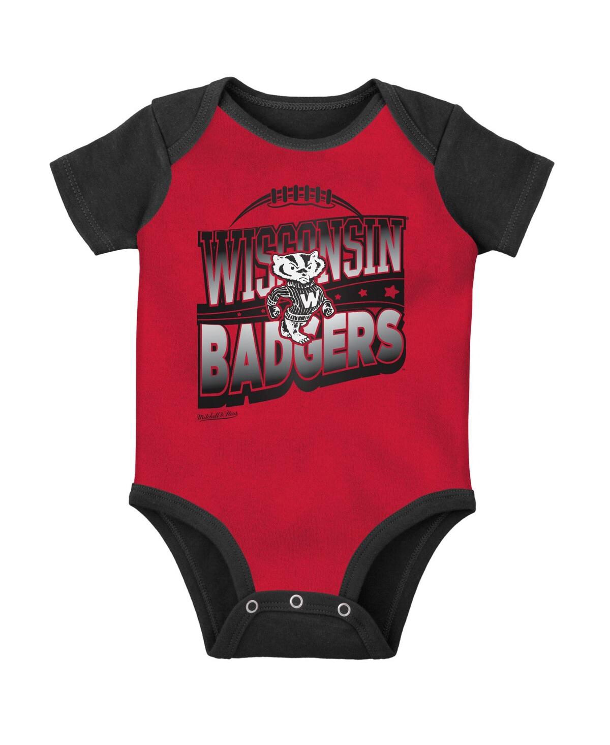 Baby Boys and Girls Mitchell & Ness Black, Red Wisconsin Badgers 3-Pack Bodysuit, Bib Bootie Set