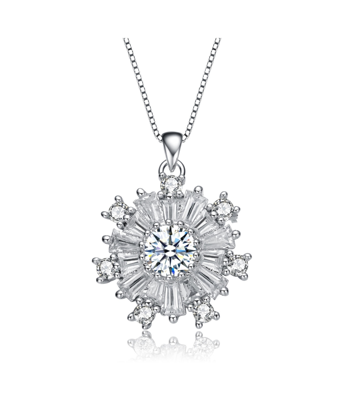 Rachel Glauber White Gold Plated With Cubic Zirconia Flower Snowflake Pendant Necklace In Silver