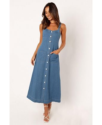 macys denim dress Bcbg Women's Square Neck featured with a pleated waist for a figure Petal and Pup Women's Mateo