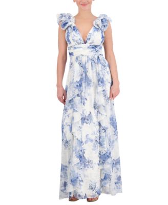 Eliza J Women's Sleeveless Printed Ruffle Gown - Blue White | Smart Closet