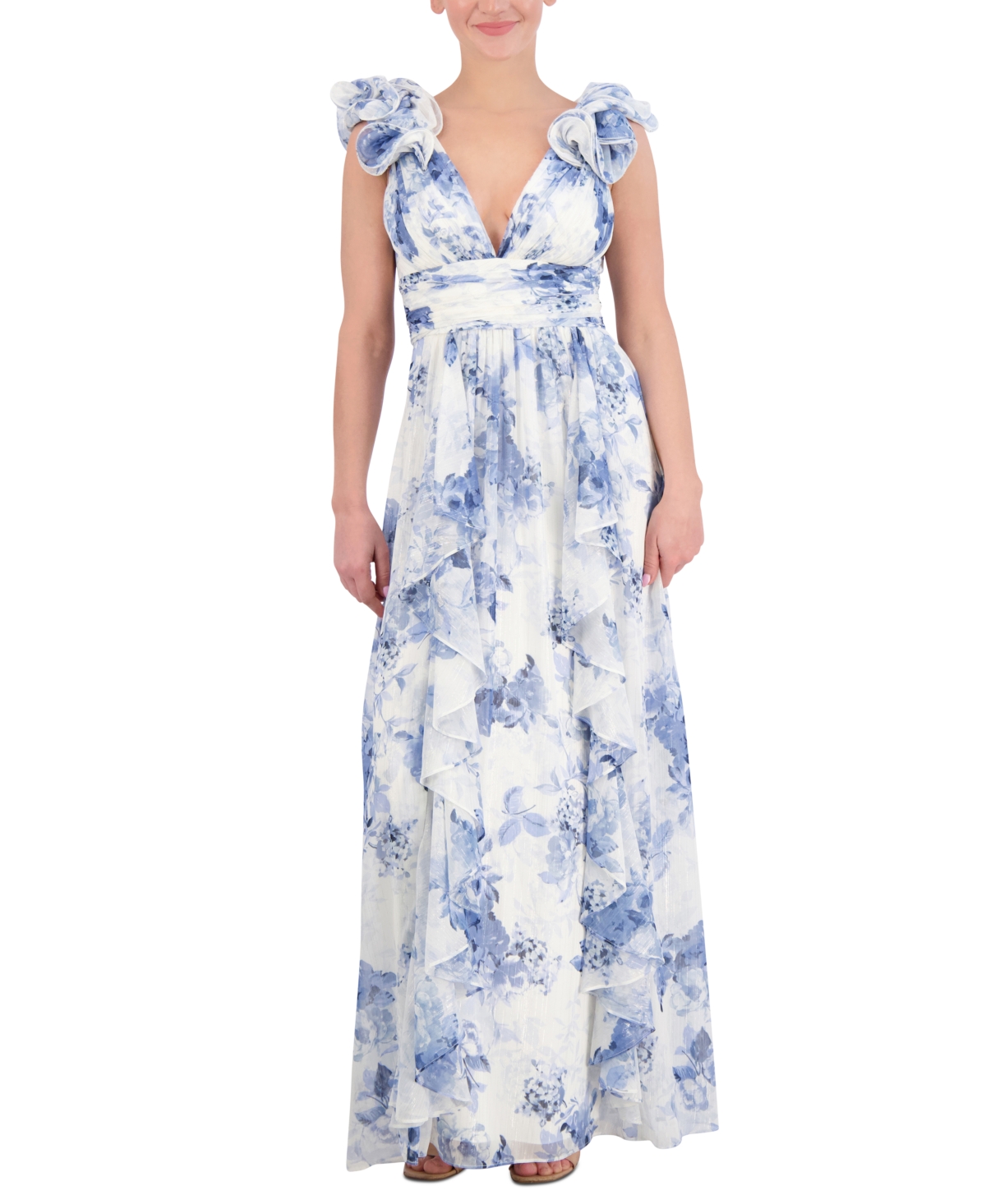 Women's Sleeveless Printed Ruffle Gown - Blue White