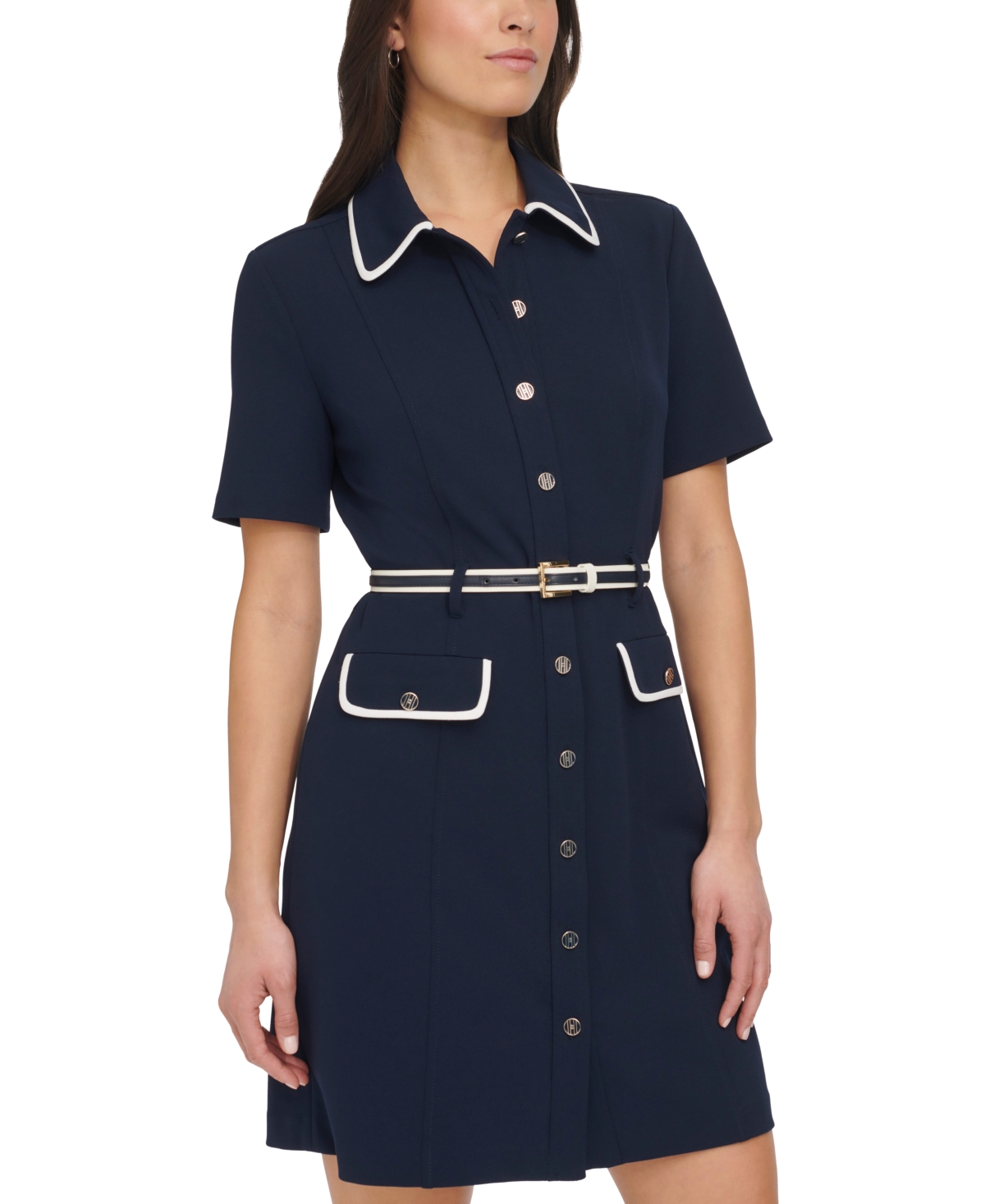 Shop Tommy Hilfiger Petite Piping Trim Belted Shirtdress In Sky Captain,ivory