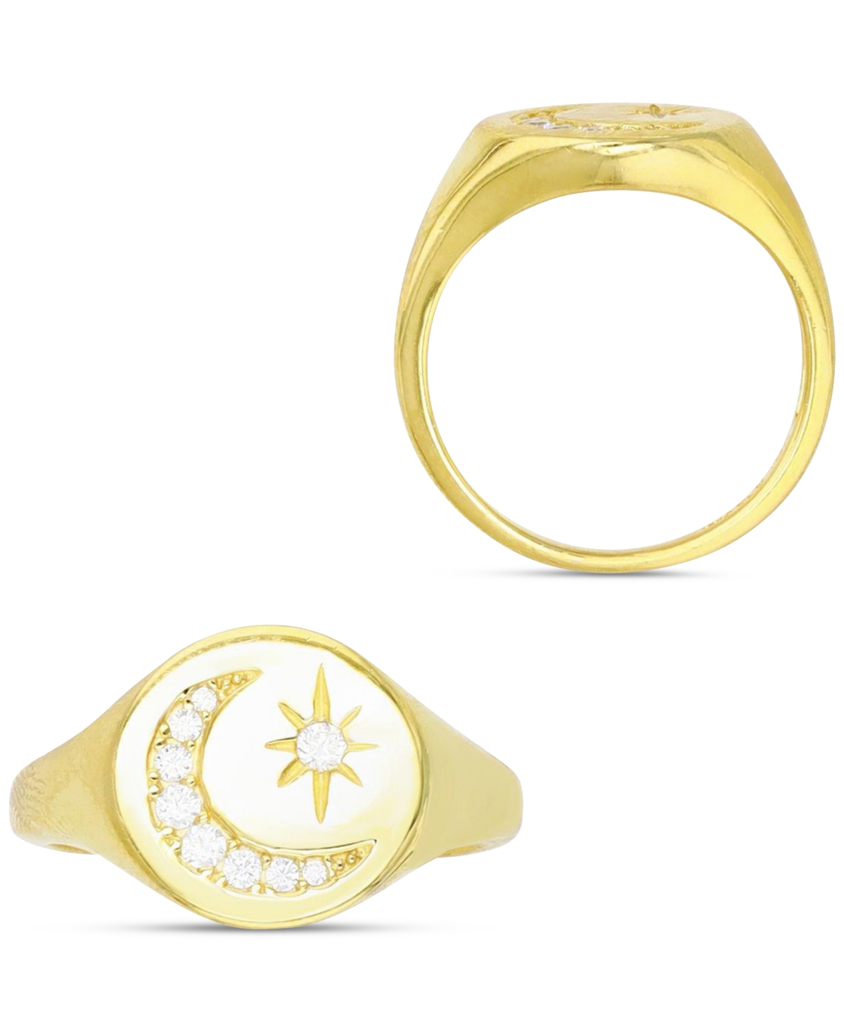 Cubic Zirconia Crescent Moon & Star Signet Ring in 14kPlated Sterling Silver - Gold