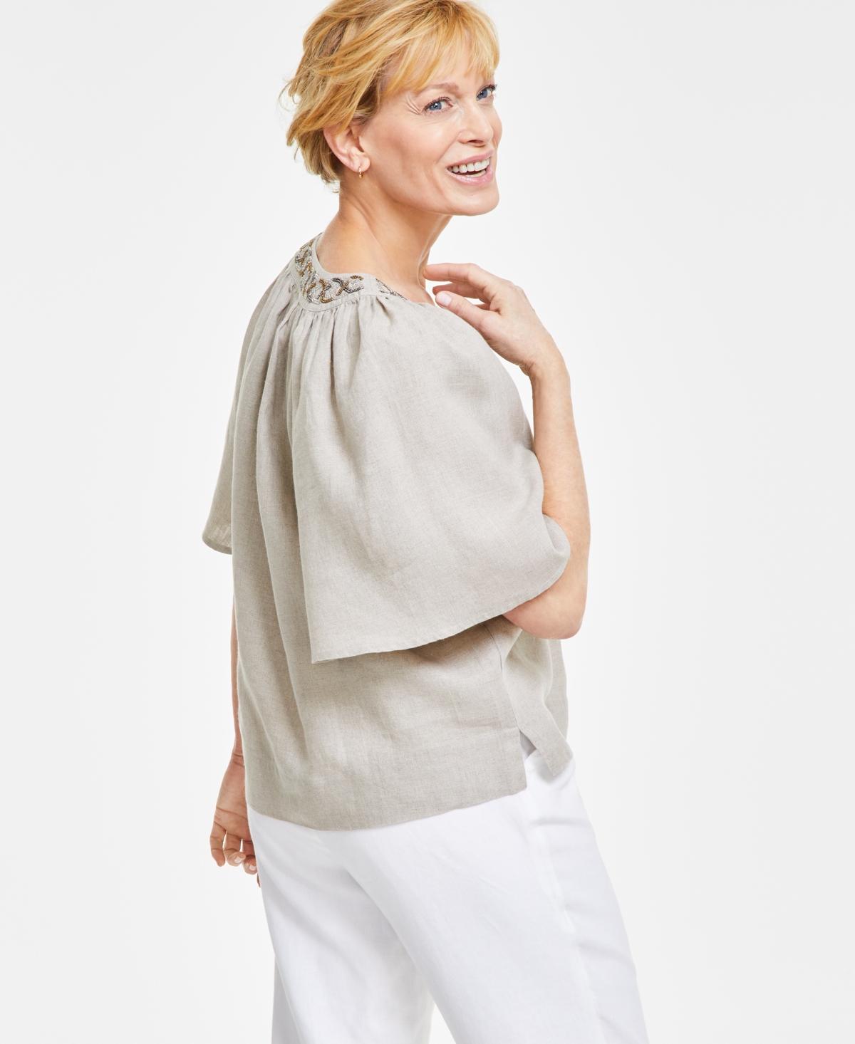 Shop Charter Club Women's 100% Linen Embellished Split-neck Top, Created For Macy's In Flax Combo