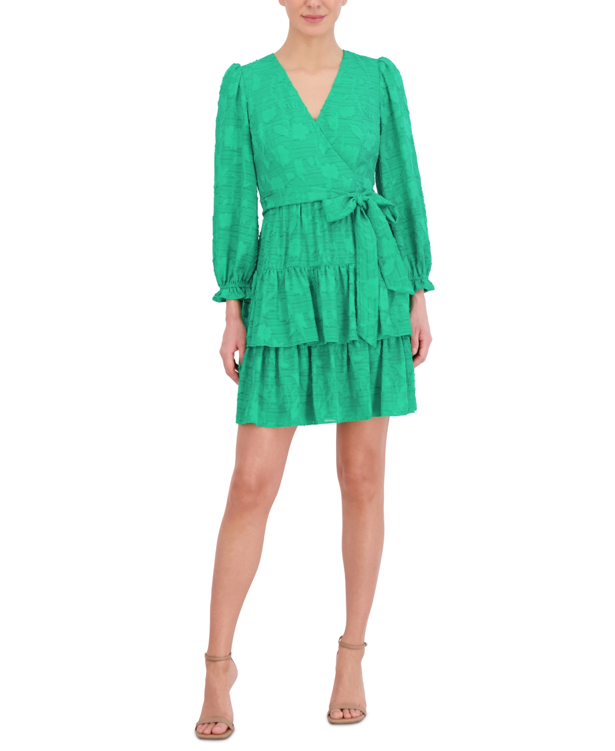 Women's Floral Texture Balloon-Sleeve A-Line Dress - Green
