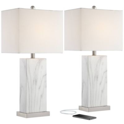 Connie Modern Table Lamps 25" High Set of 2 White Faux Marble with USB Charging Ports Rectangular Shade for Living Room Office Desk House