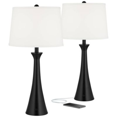 Karl Modern Table Lamps 28 1/4" Tall Set of 2 Black Metal with USB and AC Power Outlet in Base White Drum Shade for Bedroom Living Room
