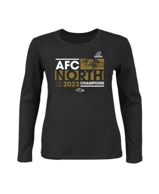 Women's  Black Baltimore Ravens 2023 AFC North Division Champions Plus Size Conquer Long Sleeve Crew Neck T-shirt