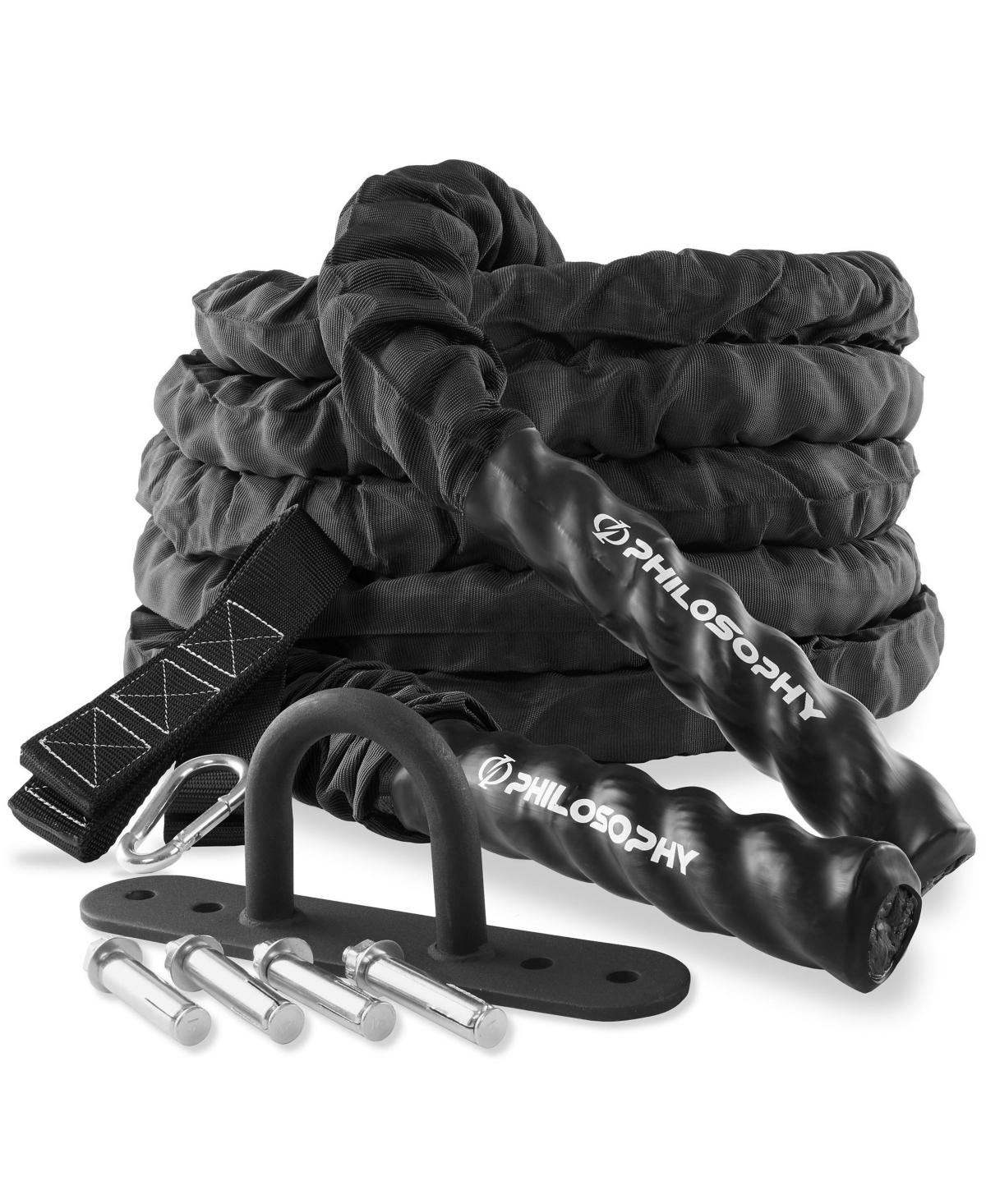 30 Foot Exercise Battle Rope 2 Inch Diameter with Cover and Anchor Kit - Black
