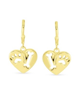 I Love My Dog Heart Shape Cut Out Puppy Pet Bone Animal Lover Paw Print Drop Dangle Lever back Earrings Gold Plated Sterling Silver