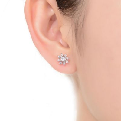 Sterling Silver with White Gold Plated Clear Round Cubic Zirconia Halo Stud Earrings