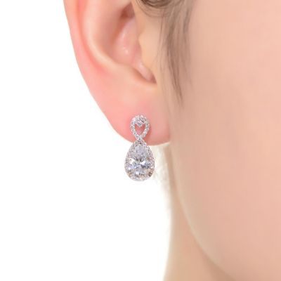 Sterling Silver with White Gold Plated Clear Pear and Round Cubic Zirconia Infinity Drop Earrings