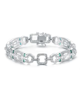 Antique Sterling Silver White Gold Plated Clear Round Baguette Cubic Zirconia Link Bracelet