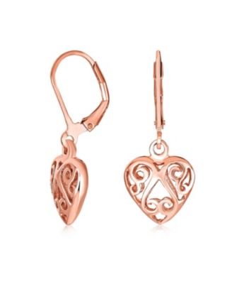 Open Filigree Heart Dangle Earrings Rose Gold Plated Sterling Silver Leverback