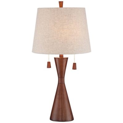 Omar Modern Table Lamp 28 3/4" Tall Warm Brown Wood Hourglass Oatmeal Fabric Drum Shade for Bedroom Living Room Bedside Nightstand Office