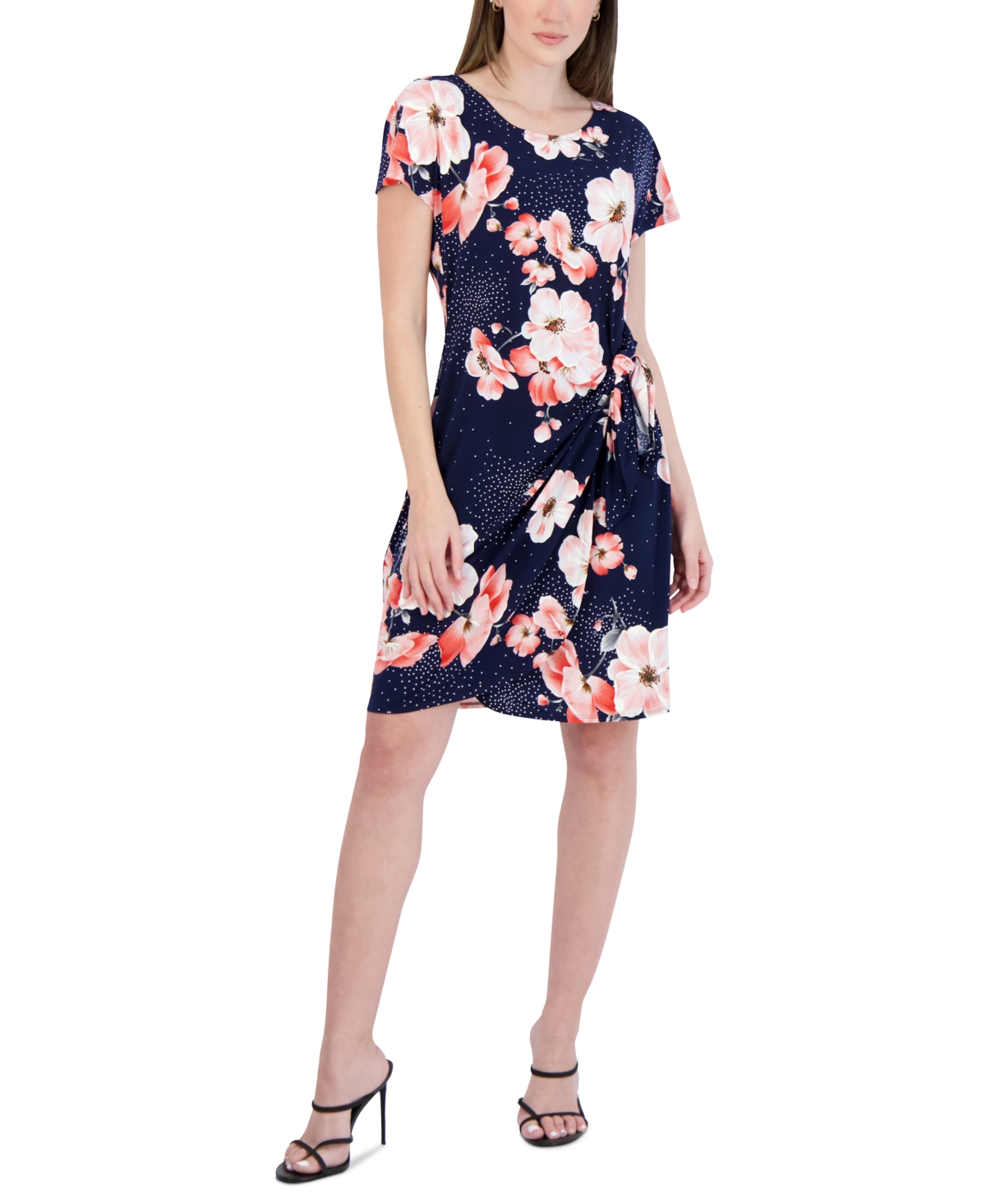 Shop Robbie Bee Petite Floral Print Tied A-line Dress In Navy,coral