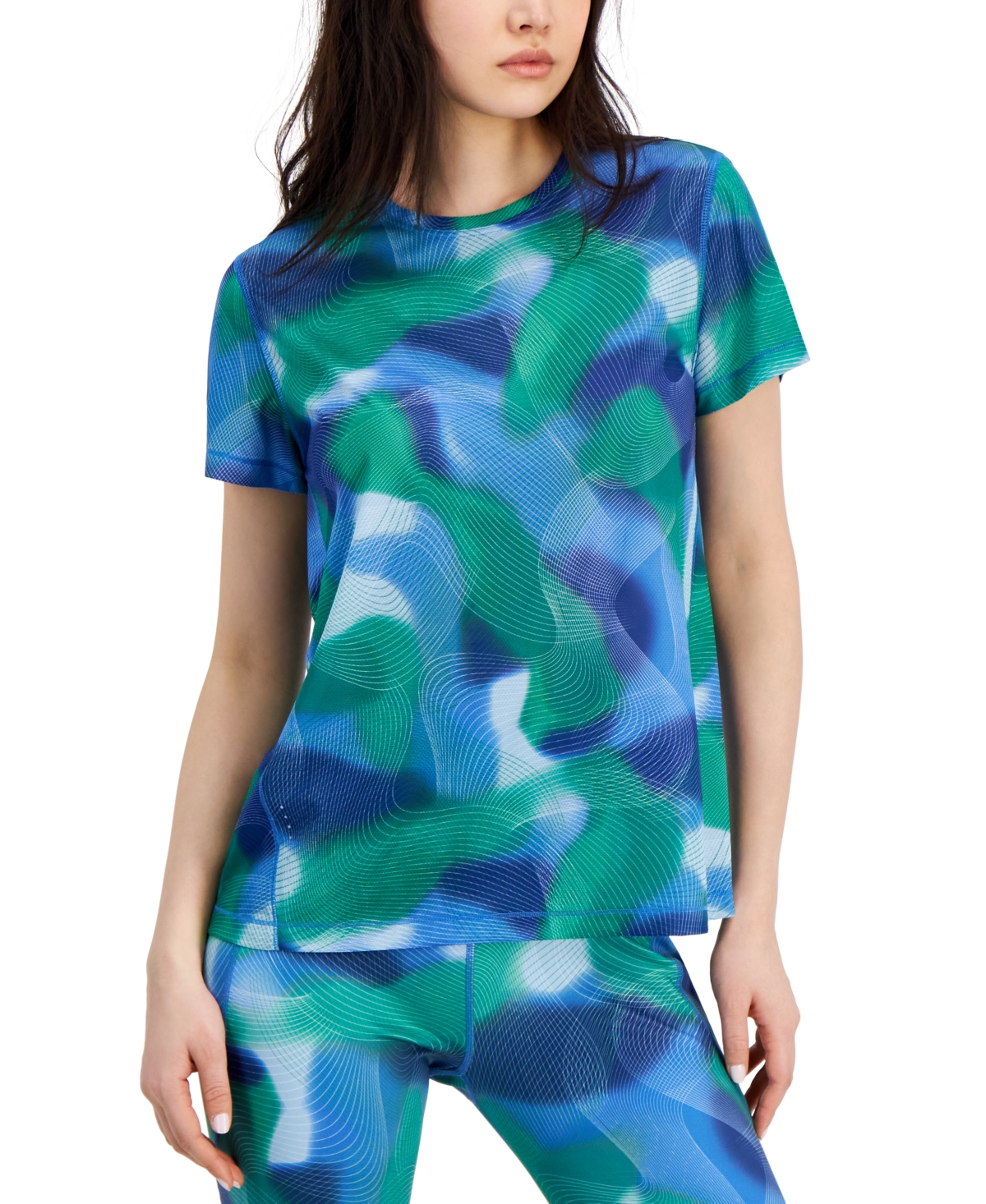 Women's Printed Waves Mesh Short Sleeve Shirt, Created for Macy's - Tartan Blue
