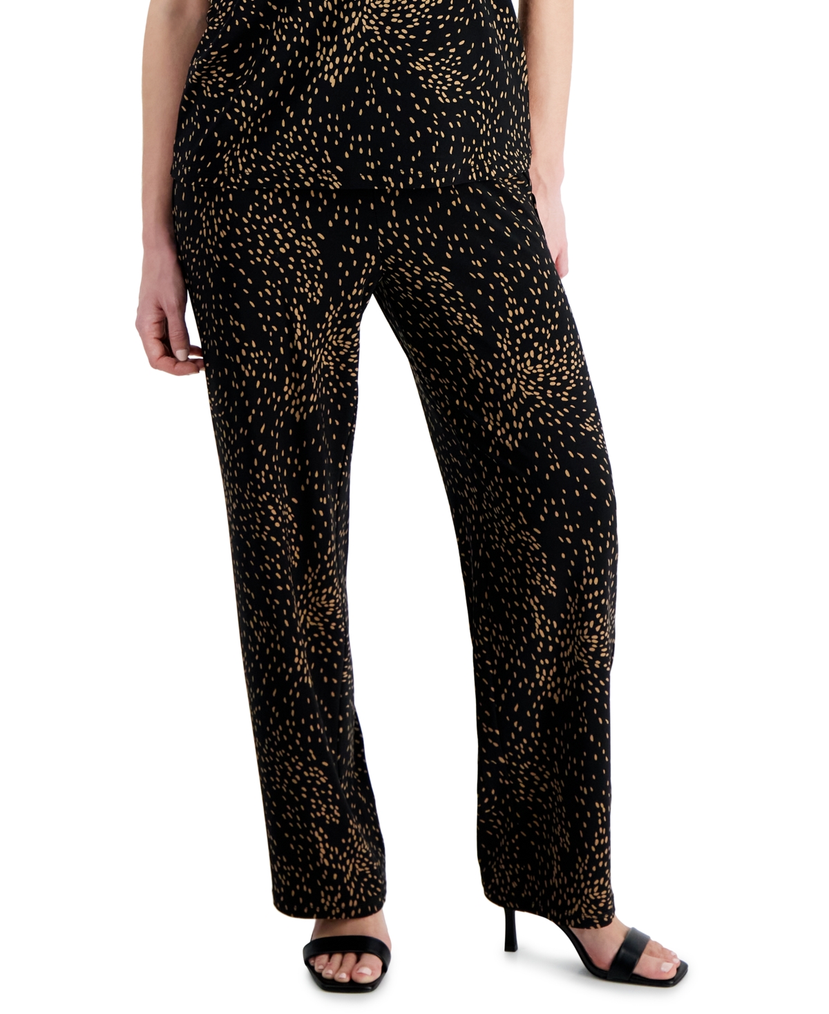 Ak Anne Klein Petite Printed Wide-Leg Pull-On Knit Pants -Vicuna