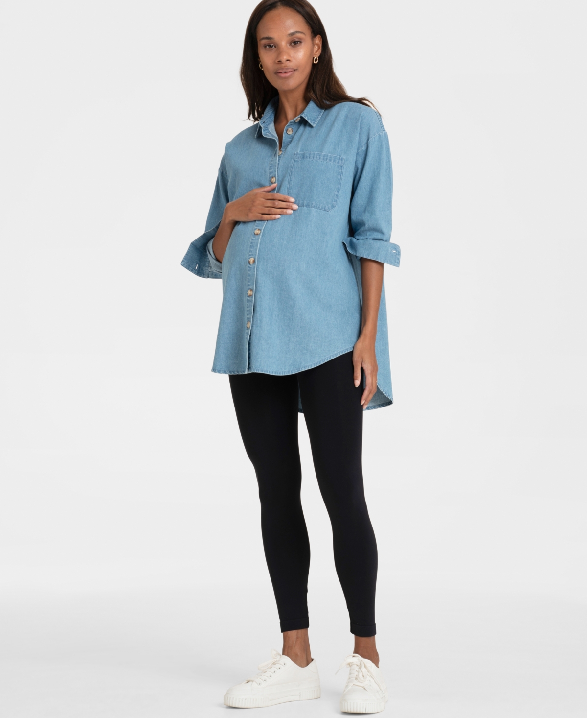 SERAPHINE WOMEN'S DENIM CURVED HEM MATERNITY SHIRT 