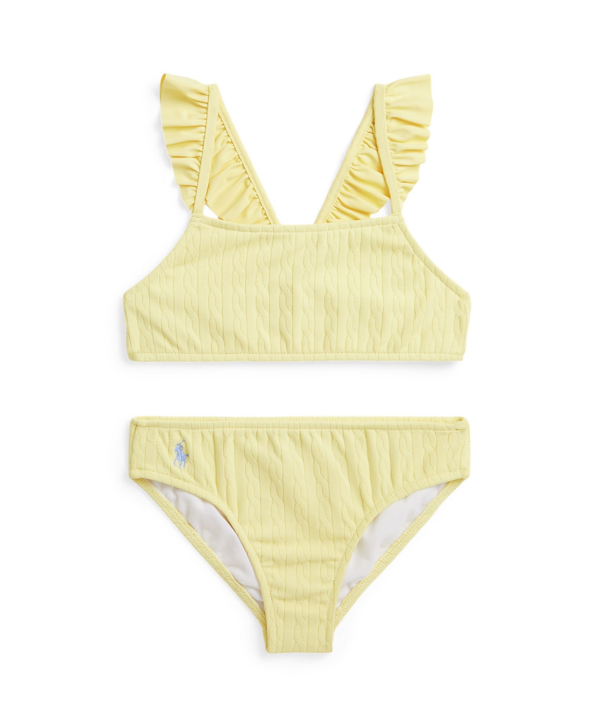 Shop Polo Ralph Lauren Toddler And Little Girls Cable-knit Ruffled Two-piece Swimsuit In Wicket Yellow With Blue Hyacinth