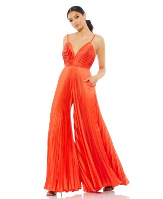 Women's Pleated Plunge Neck Wide Leg Jumpsuit