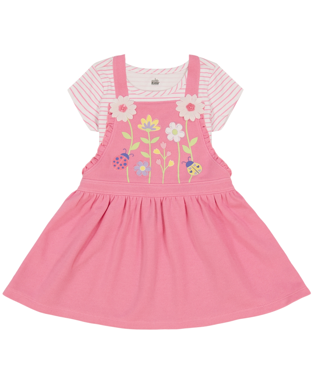 Kids Headquarters Baby Girls Striped Jersey T-shirt And Floral French Terry Pinafore Skirt Set In Pink