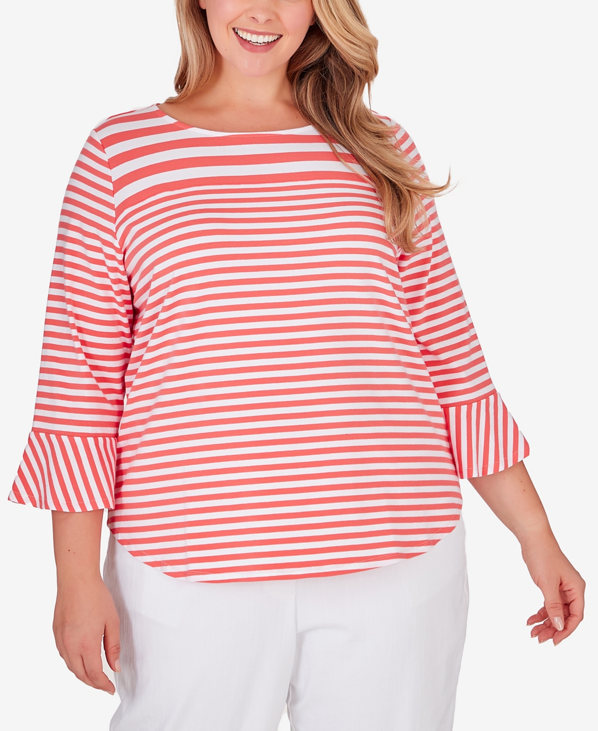 Shop Ruby Rd. Plus Size Patio Party Striped Jersey Top In Guava Multi