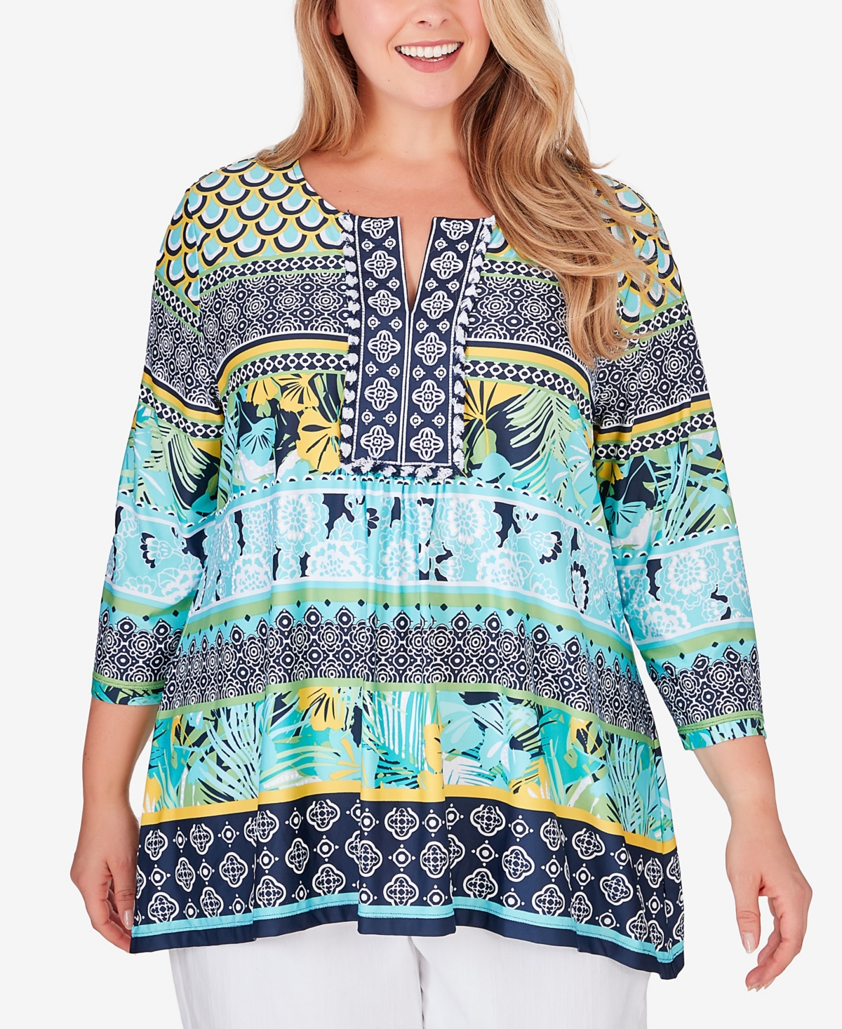Ruby Rd. Plus Size Tropical Medley Puff Print Top In Navy Multi