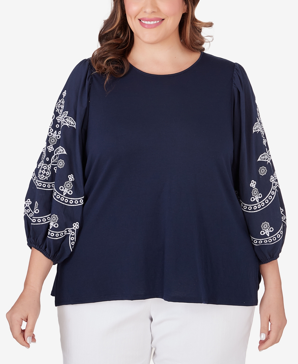 Ruby Rd. Plus Size Medallion Embroidered Lantern Sleeve Top In Navy