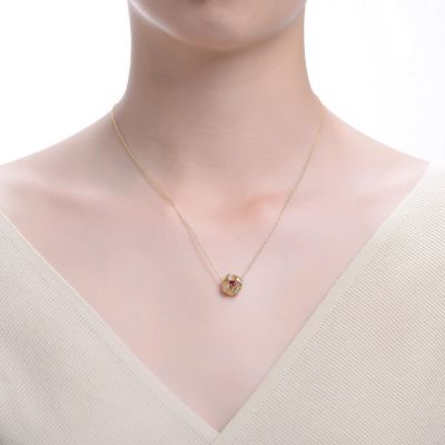 Sterling Silver 14K Gold Plated and Red Cubic Zirconia Round Pendant Necklace
