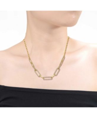 Sterling Silver 14k Yellow Gold Plated with Cubic Zirconia Elongated Cable Link Chain Necklace