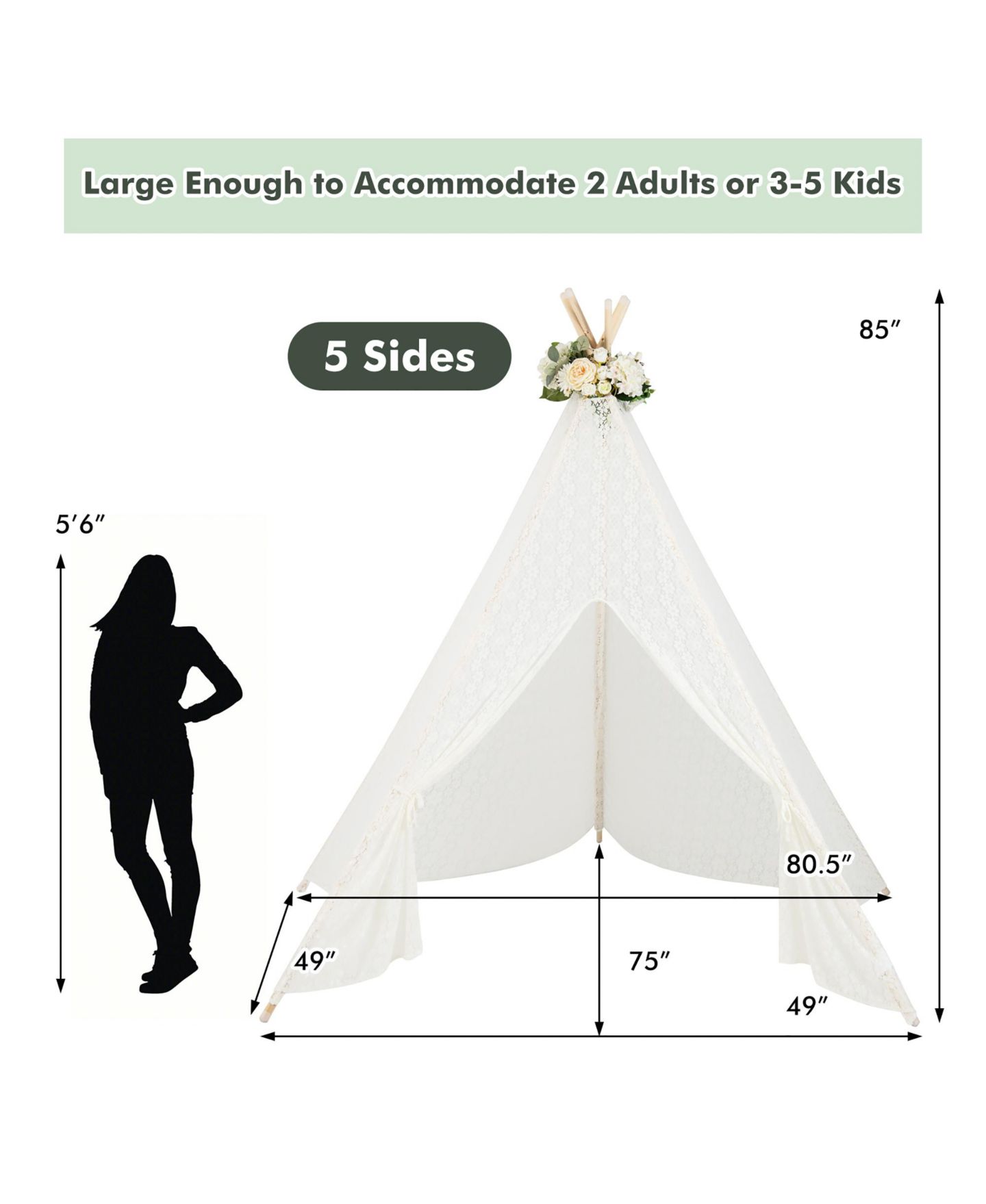 Детская игрушка Costway 5-Sided Lace Play Tent With Light Strings, Ages 3+, цвет: Белый — фото 3