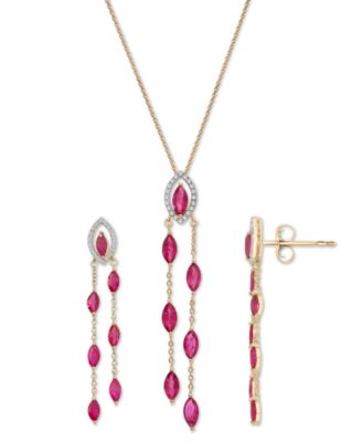 Ruby Diamond Navette Dangling Necklace Matching Drop Earrings Jewelry Collection In 14k Gold