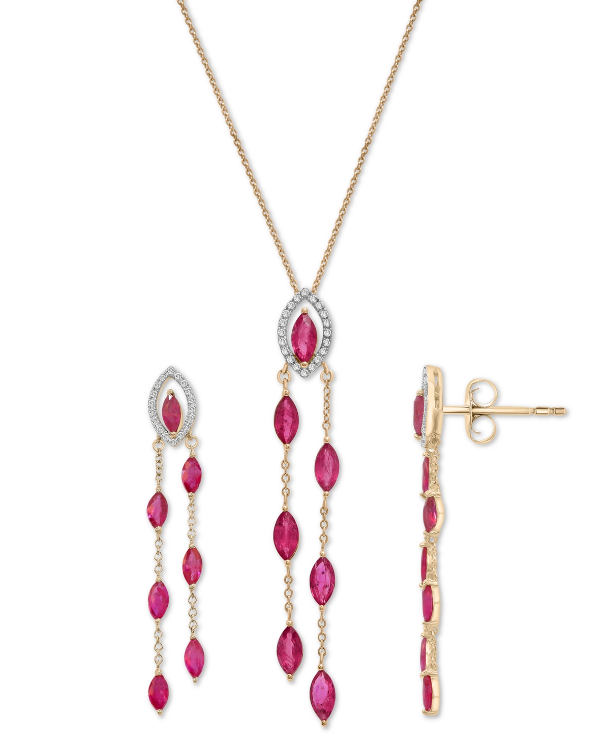 (2-1/3 ct. t.w.) & Diamond (1/10 ct. t.w.) Navette Dangle Drop Earrings in 14k Gold - Ruby
