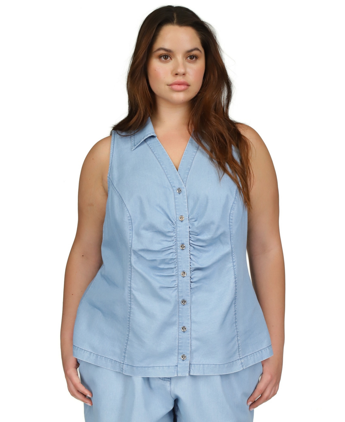 Shop Michael Kors Plus Size Sleeveless Button-front Top In Sky Blue Wash